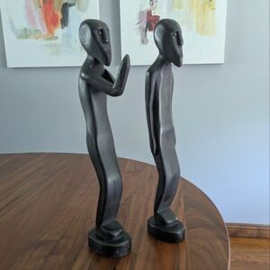 African Handmade Thankful For Blessings Dark Brown Wood Pair Of Statues